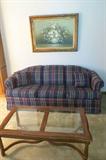 Matching blue plaid couch and loveseat