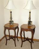 Antique end tables and brass lamps