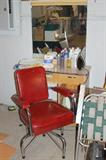 Barber chair and vanity. Some hair supplies