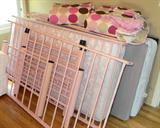 Pink metal twin bunkbeds. Also Bedding to match