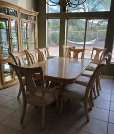Exquisite Dining Room: 3-Piece GLass Front Curved Hutch, Dining Table w Double Pedestal, 2 Leaves and 10 Chairs (comes with custom covered seats, matching tablecloth and table protectors)