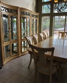 Exquisite Dining Room: 3-Piece GLass Front Curved Hutch, Dining Table w Double Pedestal, 2 Leaves and 10 Chairs (comes with custom covered seats, matching tablecloth and table protectors)