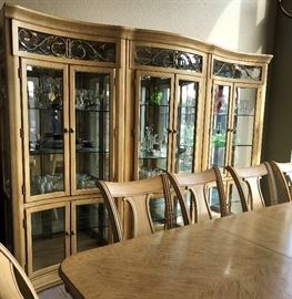 Exquisite Dining Room: 3-Piece GLass Front Curved Hutch, Dining Table w Double Pedestal, 2 Leaves and 10 Chairs (comes with custom covered seats, matching tablecloth and table protectors)