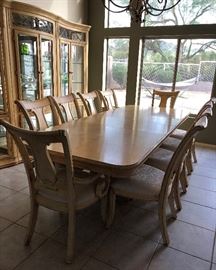 Exquisite Dining Room: 3-Piece GLass Front Curved Hutch, Dining Table w Double Pedestal, 2 Leaves and 10 Chairs (comes with custom covered seats, matching tablecloth and table protectors)