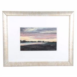 Constance Spencer Oil Pastel "Storm Approach": An original oil pastel on paper by Charlotte artist Constance Spencer. The work depicts a distant homestead on a vast and idyllic marsh as a storm gathers above. The painting is signed by the artist to the lower right and dated 2001. It is presented with a white matte and housed in a painted composite frame.