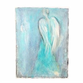 Donna Wheatley Mixed Media on Paper "Wonder": An original mixed media on paper titled Wonder by Charlotte artist Donna Wheatley. This Impressionistic piece captures a mysterious angel from behind. The soft palette and alluring profile captures the Sacred Feminine often found in Wheatley’s work. To read more about this captivating artist, please see the link below.