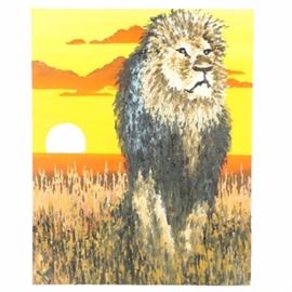 Jerry McQuay Acrylic Painting on Board "Cecil": An original acrylic painting on board titled Cecil by Charlotte artist Jerry McQuay. The textured work depicts the stately African lion on the savannah with a vibrant setting sun in the background. To see additional examples of McQuay’s work, please refer to the link below.