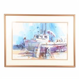 Al Stein Original Watercolor on Paper: An original untitled watercolor on paper by artist Al Stein. This colorful piece depicts a small fishing trolley, the LYDIA-E, resting off shore on a wooden mount. The work is signed by the artist to the lower left and is presented with layered mattes and housed in a copper colored metal frame.