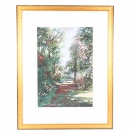 Elsie Dresch Oil Pastel on Paper, Untitled: An original oil pastel on paper by well noted Atlanta artist Elsie Dresch (1925-1917). Dresch was an awarded winning artist and longtime member of the Pastel Society of America and The Southeastern Pastel Society. Her paintings can be found in galleries and corporate and private collections in both the US and abroad. This work depicts a shady forest path bordered with natural and lush foliage and a blue sky in the background. The piece is presented in a layered ivory colored matte and housed in a gold painted wood frame. Signed to the lower left “Elsie Dresch PSA.”