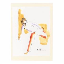 Terry Thirion Original Ink on Paper "Attempting Yoga": An original ink on paper by Belgium born Charlotte artist Terry Thirion. Titled Attempting Yoga this elegant work depicts a young man holding a yoga position. The piece is presented unframed and is signed by the artist to the lower right. To read more about this unique artist and view her works, please refer to the link below.