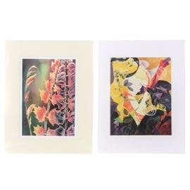 Susan Lackey Offset Lithographs: A pair of unframed offset lithographs after original botanical works by Charlotte artist Susan Lackey. Each print is presented unframed with white mattes. To learn more about Susan and her work, please refer to the link below.