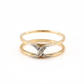 14K Yellow Gold Diamond Ring: A 14K yellow gold diamond ring. This ring features an “x” motif set with diamonds and turns into a double band, with a gap between the two.