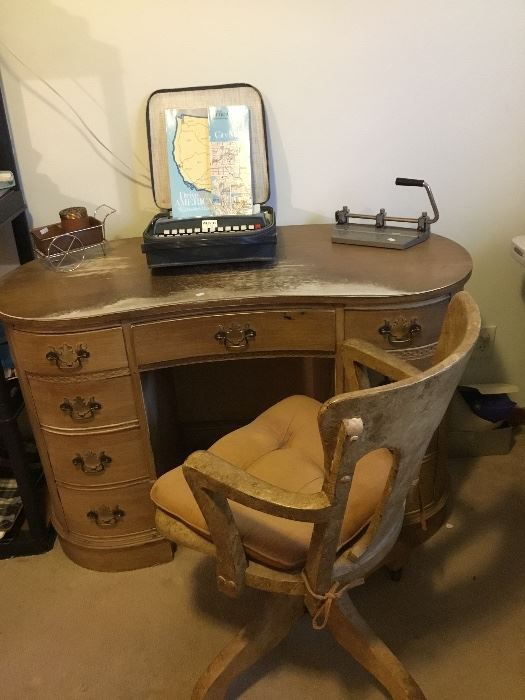 Vintage Desk w/ matching chair on metal wheels