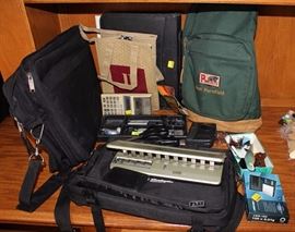 Box lot of office supplies, computer bags, scale,  etc.
