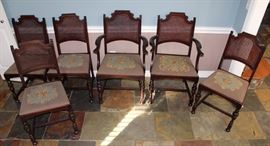 Set of 6 antique cane back chairs, needlepoint  seats, 2 arm chairs, 4 side chairs, 37" H, 19" x  17"
