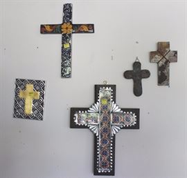 Box lot of wall hanging crosses, 5 total, largest  is 16" L x 12" W
