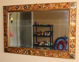 Peruvian hand painted on reverse glass wall  hanging mirror, beveled, 24" L x 36" W

