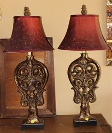 Pair of tall gilded table lamps with shades, 38"  H, 16" W x 12 1/2" D
