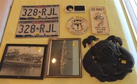 Box lot of nautical items, 2 license plates

