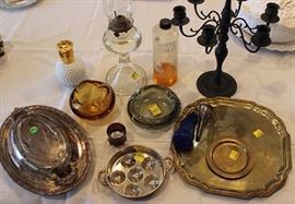 Box lot of oil lamps, silver plated items, Murano  glass ashtrays, etc.
