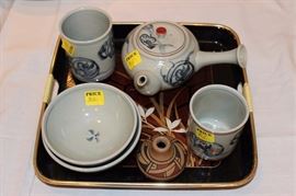 Box lot of Asian pieces with tray
