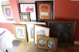 Box lot of vintage, antique framed photos and  artwork
