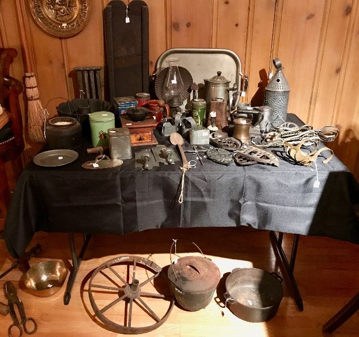 Vintage Canisters, Tools, Wheel, Candle Mold, and Pots
