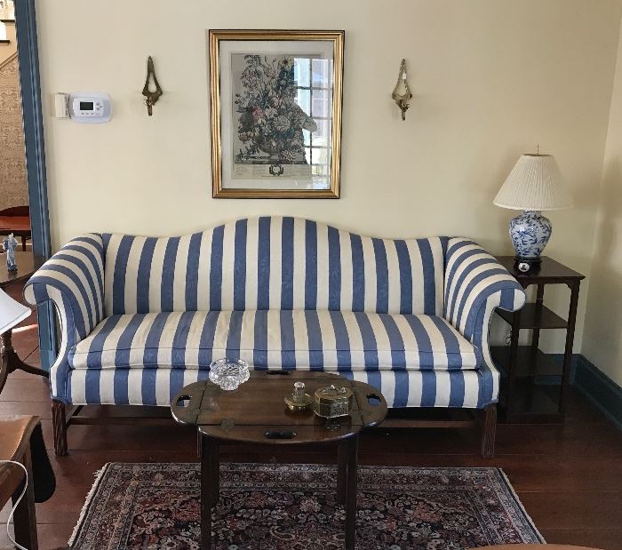 Camelback Couch, Blue/White Lamp, and Coffee Table