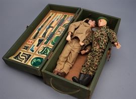 Offered is a large lot of G.I. Joe vintage dolls and accessories. There are 4 footlockers from 1964. The lockers have G.I. Joe stickers on them. Some of the stickers are peeling off and there are names written on the top of some of the lockers. Two of the lockers are full of G.I. Joe clothing items and accessories. There are 2 dolls included in this lot as well. The footlockers are missing the top trays. Please see the photos for more details.