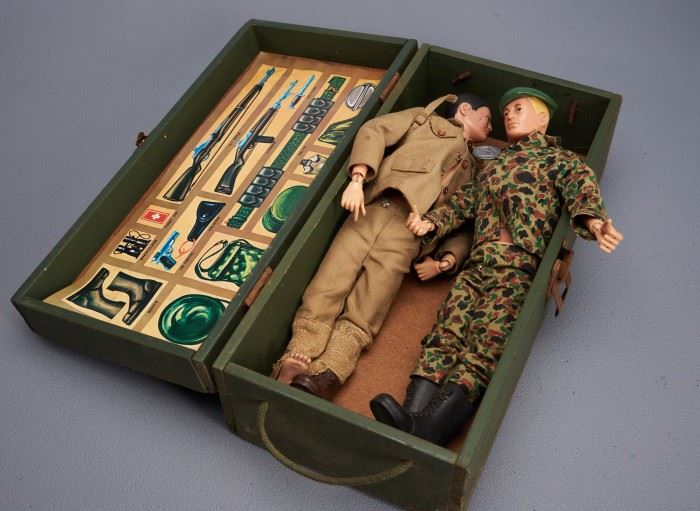 Offered is a large lot of G.I. Joe vintage dolls and accessories. There are 4 footlockers from 1964. The lockers have G.I. Joe stickers on them. Some of the stickers are peeling off and there are names written on the top of some of the lockers. Two of the lockers are full of G.I. Joe clothing items and accessories. There are 2 dolls included in this lot as well. The footlockers are missing the top trays. Please see the photos for more details.
