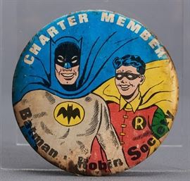 Offered is a Batman and Robin Society Charter Member Button from 1966. There is a price sticker on the back of the pin and it shows some rusting and fading. Please see the photos for more details.
