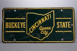 Offered is a rare Ohio Buckeye State Sesquicentennial License Plate Booster for the Queen City (Cincinnati). Issued in 1953 in Ohio for the sesquicentennial. At the time only rear license plates were issued which allowed towns and cities to sell front 'booster' plates to celebrate this historical event. There are some dents and chips to the paint, along with a little rust. Please see the photos for more details.