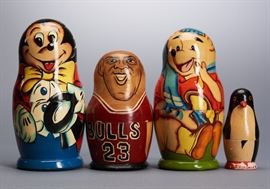Offered is a lot of vintage Russian Matryoshka Nesting Dolls. This lot includes a 5 piece Winnie the Pooh set, 5 piece Chicago Bulls, 5 piece Disney, and a Penguin. All are hand-carved from wood. The Winnie the Pooh set includes Winnie, Eeyore, Tigger, Owl, and Piglet. the artist name is painted on the bottom. The Chicago Bulls set includes Jordan, Pippin, Rodman, Kukoc, and Kerr. This are the players from the 1995-96 Championship season. The Disney set includes Mickey, Goofy, Minnie, Donald, and a small Mickey. The artist name is painted on the bottom. The penguin is empty, missing 2 little penguins that are suppose to be inside. The bottom is stamped with Made in the USSR. The penguin stands about 2 1/2" tall and there is some chipping to the paint. Please see the photos for more details.