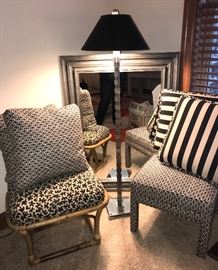 Upholstered decorative benches/foot stools, decorative throw pillows, beautiful large accent mirror and floor lamp 