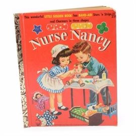 1958 Rare "Nurse Nancy" Little Golden Children's Book: A Nurse Nancy Little Golden children’s book circa 1958. This Simon and Schuster hardcover storybook features original Stars n’ Strips Band-Aids affixed to the title page, which were included at time of original printing. This is a “C” Edition book.