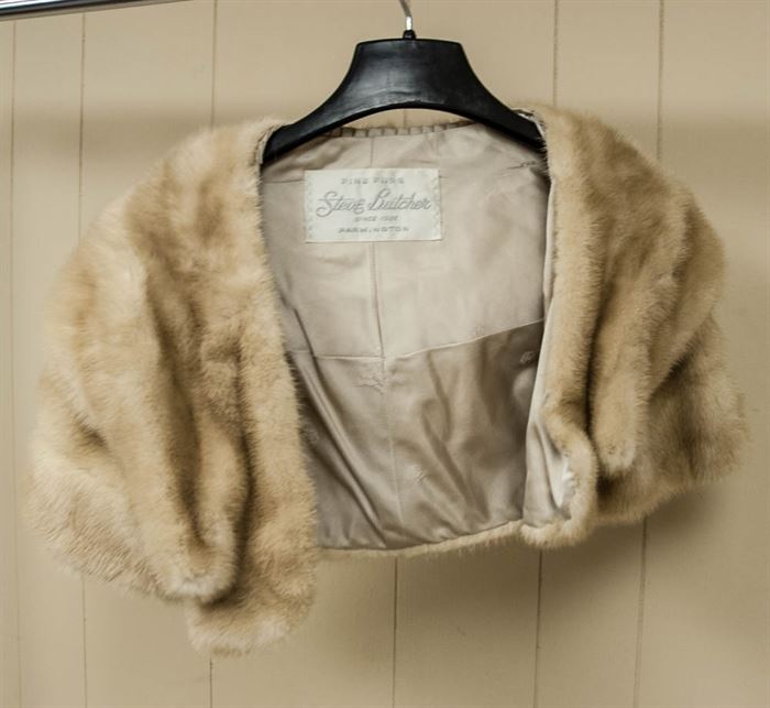 Vintage Mink Fur Stole: A vintage blonde mink fur stole. The interior has taupe satin lining with a label that reads “Fine Furs, Steve Butcher, Since 1926, Farmington".