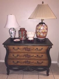 Floral Asian Table Lamp - petite-$40   / OBO                              
Ginger jar w/lid   - $20       / OBO                                                                          Cream Bowl - Sold                                                                                        Ethan Allen Asian Table Lamp - large -$60       / OBO                          3-Drawer Chest - Sold                                                                                     