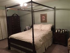 Ethan Allen Queen Canopy Bed - Cherry---$650 for all                                      2-Ethan Allen Night Stands - Cherry                                              Queen Down Comforter / 2 shams with pillows /2 down pillows / bed skirt / matching curtains (4 panels) / OBO
