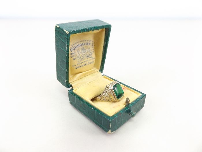 Antique 14k White Gold Ring with Emerald Type Stone in Original Box (2.7 grams Total Weight)