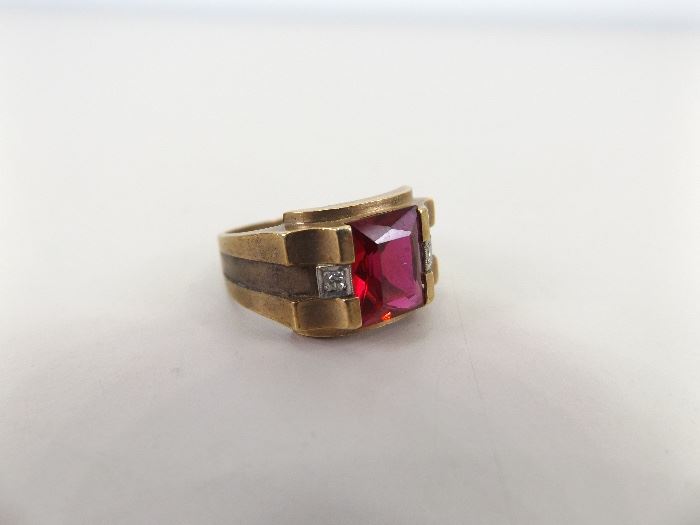 10k Gold Men's Ring with Ruby Stone and Real Diamonds (5.4 grams Total Weight)
