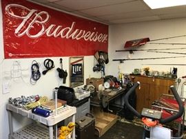 BUDWEISER 3' x 10' vinyl sign, Fishing Rods, Exercise Bike, Tool Boxes, MILLER LITE mirror...