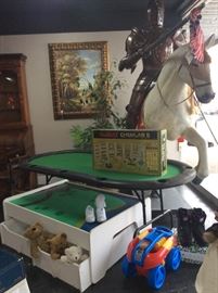 Poker Table, Roller Blades, Train Storage Chest w/ 2 drawers