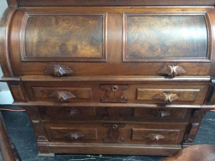 Front of Roll Top Desk with beautifully carved handles