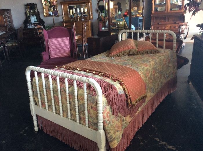 EXQUISITE  Corona  Decor Co. Tapestry Twin Bedding (Seattle, WA) and a chalk painted white wooden twin bed. 