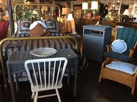 Brass Bed, Wicker Desk, Chest & Night Stand. Queen Sized Bedding. 