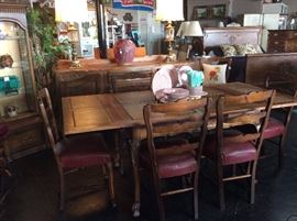 Antique Dining Room Suite, 7 Leather Seat Chairs, Matching Buffet