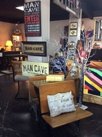 "Man Cave" Signs & Memorabilia, Vintage Children's School Desk w/ Seats