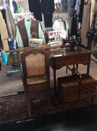 Antique Sewing Machine,  Large Vintage Wooden Sewing Box, and a Table-Top Sewing Machine w/ Carry Case