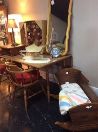 Wooden Cradle, Drop Leaf Table, Antique Mirror, Vintage Baby Scales