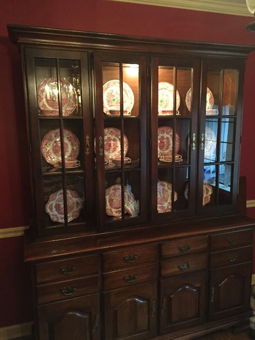 Great double China cabinet filled with antique pink transfer ware.